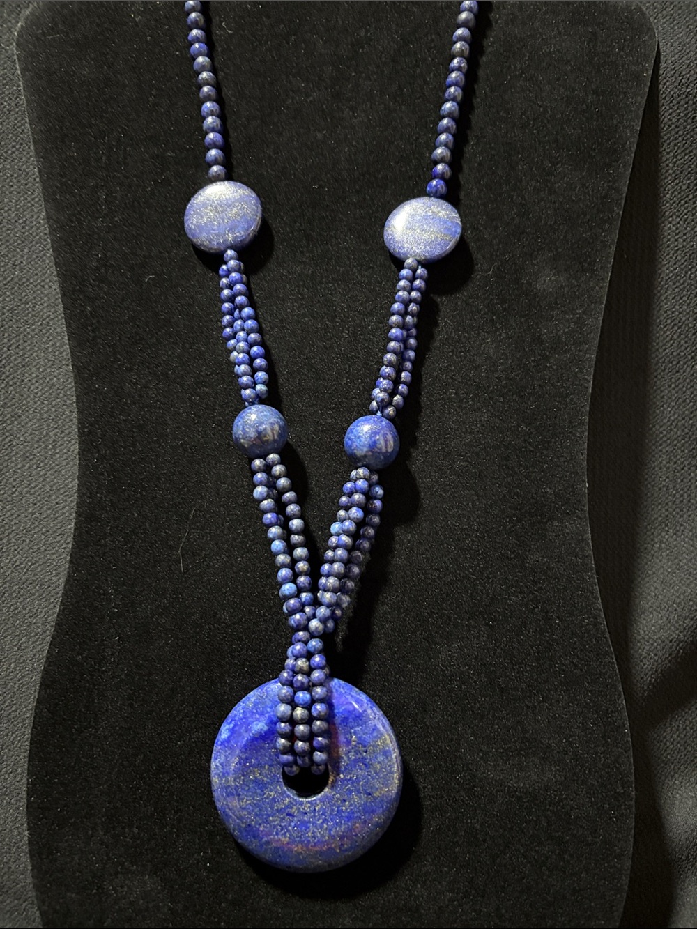 Vintage Genuine Lapis Lazuli Multi Strand Necklace 26” Donut Pendant